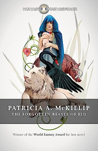 A woman in a blue hood holds a baby surrounded by a lion and animals.