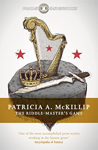 Book cover featuring a harp, crown, and sword on a stone, with red stars.