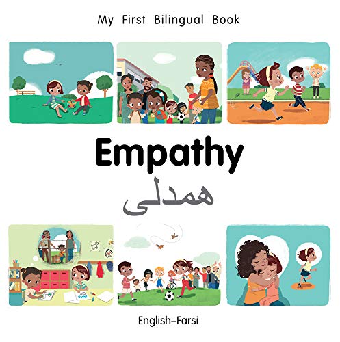 Bilingual children’s book cover depicting scenes of kids showing empathy.