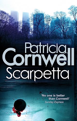 Book cover for "Scarpetta" by Patricia Cornwell, with city and blood imagery.