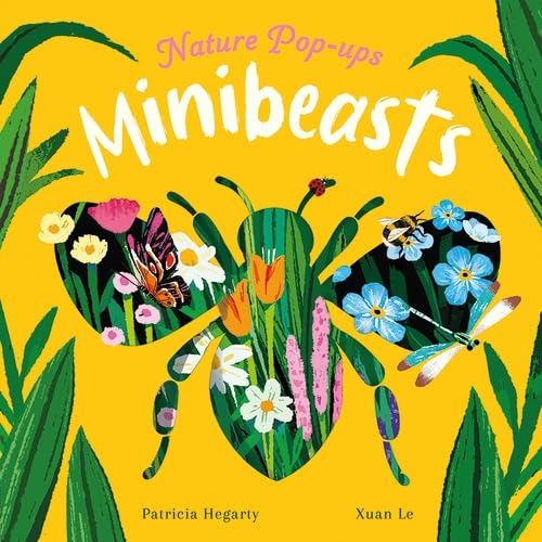 Book cover titled Minibeasts featuring a large bee silhouette filled with flowers and insects.