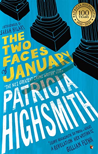 Book cover for "The Two Faces of January" by Patricia Highsmith, blue background.