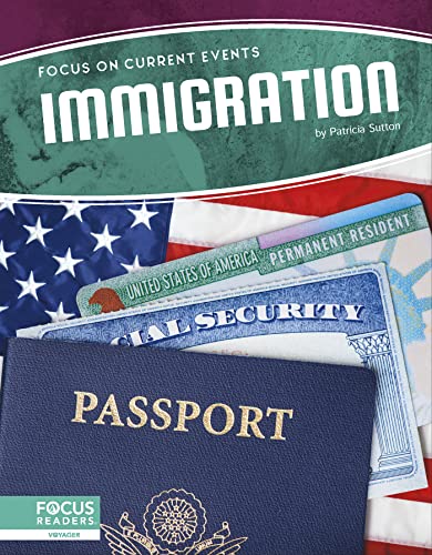 Book cover with US flag, passport, and immigration documents.