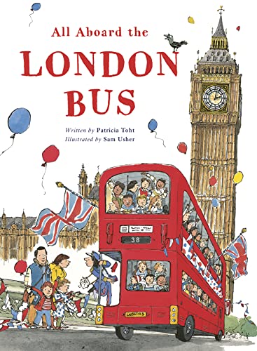 Red London bus with passengers, Big Ben in background, illustrated style.