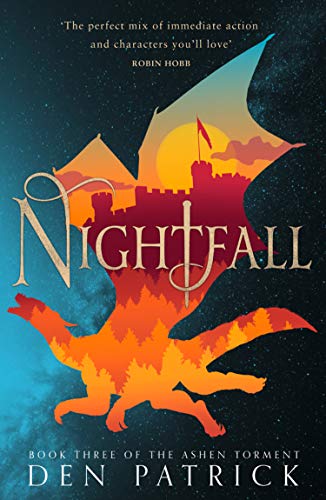Book cover: “Nightfall”, featuring a silhouetted dragon and castle scene.