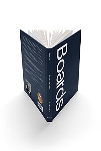 Open dark blue book titled "Boards" with white pages and portrait.