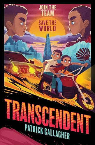 Book cover: "Transcendent" featuring young people and vehicles against a sunset.