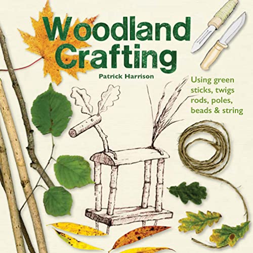 Book cover with woodland crafts illustration, leaves, twigs, and tools.