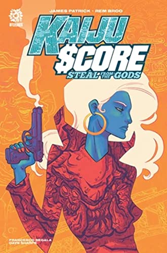 Comic book cover: blue-skinned woman with a gun, ornate background.