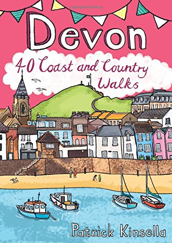 Illustrated book cover featuring a coastal town, beach, boats, and hills against pink sky.