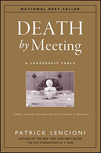 Book cover: "Death by Meeting" with a man seated at a long table.