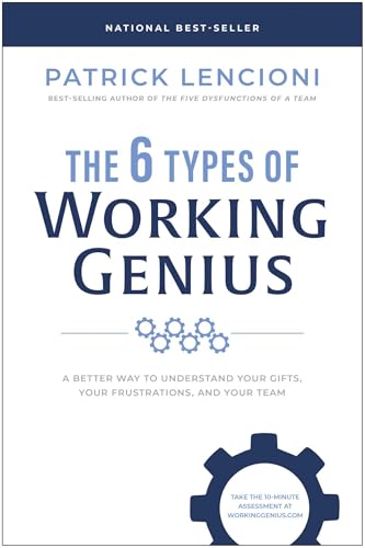 Book cover with title "The 6 Types of Working Genius" and gear illustration.