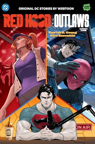 Comic book cover featuring Red Hood, a woman, and Superman at a microphone.