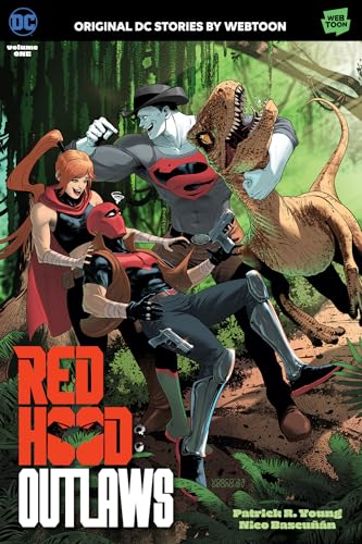 Red Hood, Artemis, and Bizarro in a jungle setting with a dinosaur.