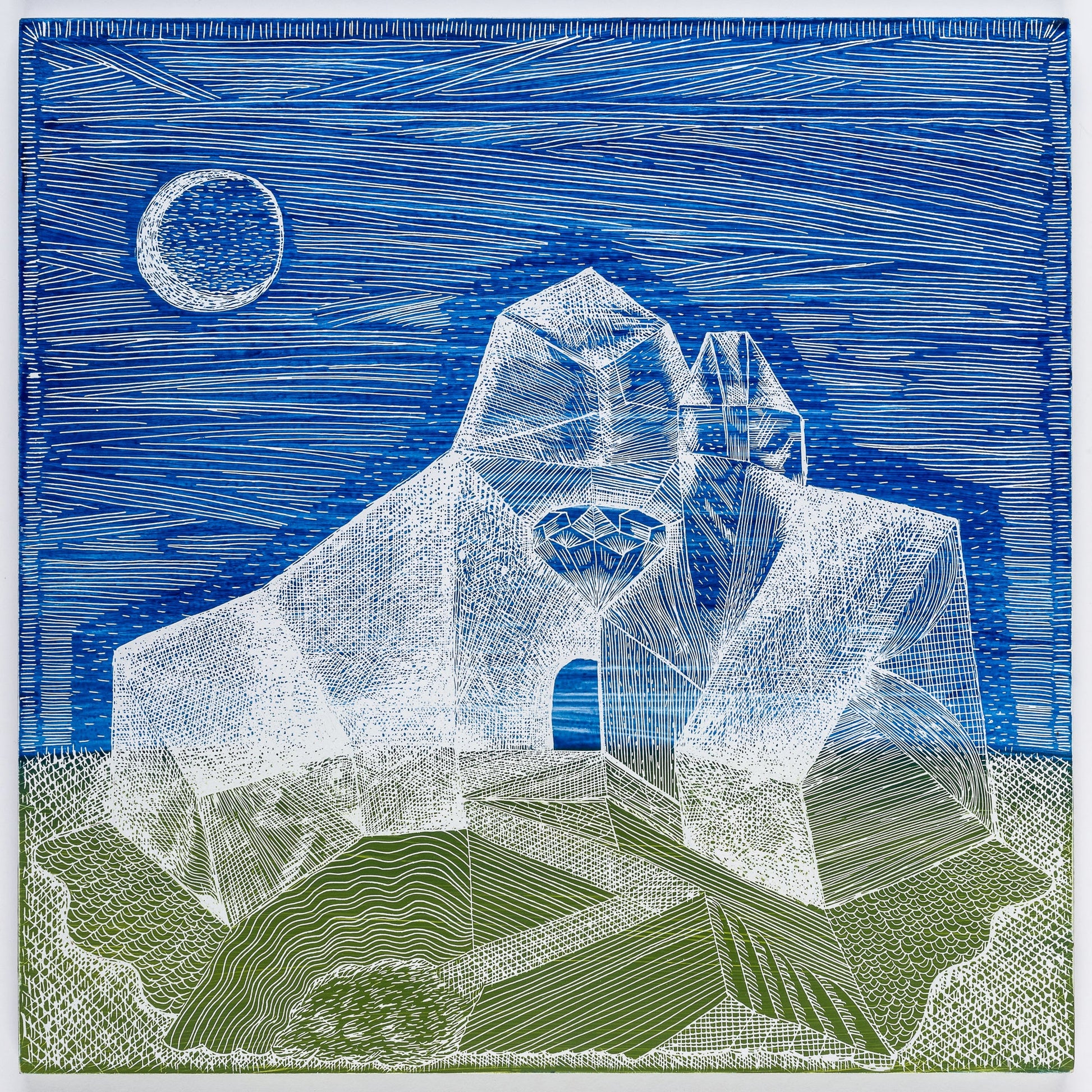 Stylized white geometric house on a green field under a blue sky with moon.