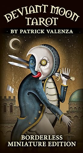Tarot card back featuring a whimsical, masked figure with swords and a fork.