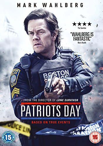 "DVD cover of 'Patriots Day' featuring a man in a Boston police uniform aiming a gun."