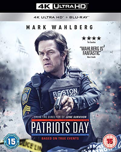 Patriots Day" UHD Blu-ray cover featuring Mark Wahlberg as a Boston police officer.