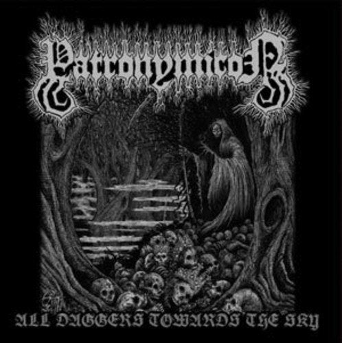 Black and white album cover with skeletal figure among skulls and trees.