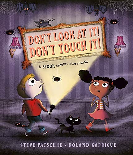 Children with a flashlight and scared cat before a spooky painting.