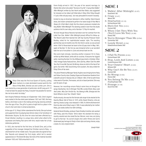 Patsy Cline’s “Greatest Hits” vinyl record with tracklist on the cover.