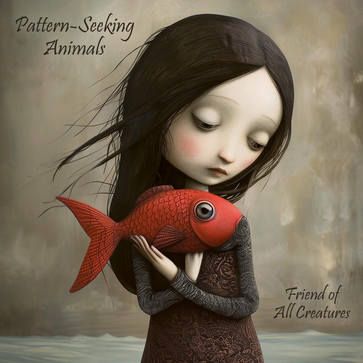 A stylized illustration of a girl with long dark hair holding a red fish.