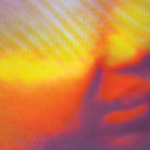 Abstract vinyl record cover with swirling orange, yellow, and purple hues.