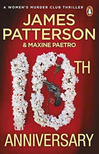 Book cover: red background, white floral “10”, gun and rings within.