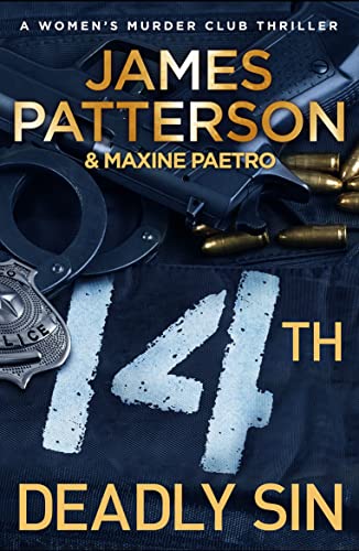 Book cover: “14th Deadly Sin” by James Patterson, featuring guns and handcuffs.