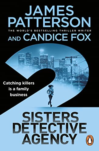 Book cover for “2 Sisters Detective Agency” with city skyline and running figure.
