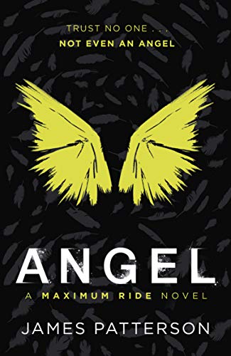 Book cover: yellow wings against a dark, feathered background, title "Angel".