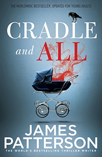 Book cover: “Cradle and All” with a blue stroller and a raven.
