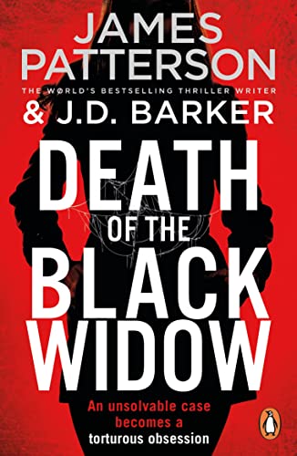Book cover: red background, woman’s back, large white title “Death of the Black Widow.”