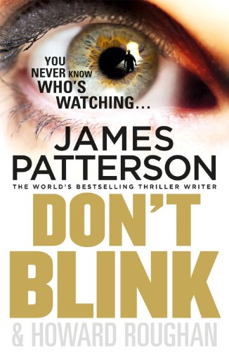 Close-up of an eye reflecting silhouetted figures, book cover for "Don't Blink".
