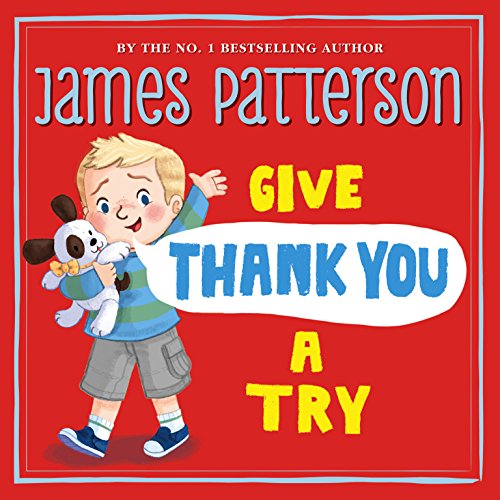 Book cover: boy with dog, bright red background, title “Give Thank You a Try.”