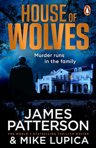 Book cover: dark mansion, silhouetted figure, and large gold title "House of Wolves".