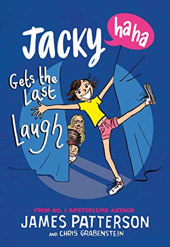 Book cover: illustrated girl leaping, with other figures peeking from behind blue.