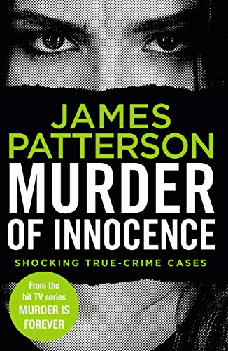 Book cover with intense eyes, bold text “Murder of Innocence” and green accents.