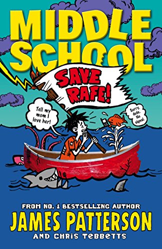"Book cover with cartoon boy in a boat being attacked by a shark."