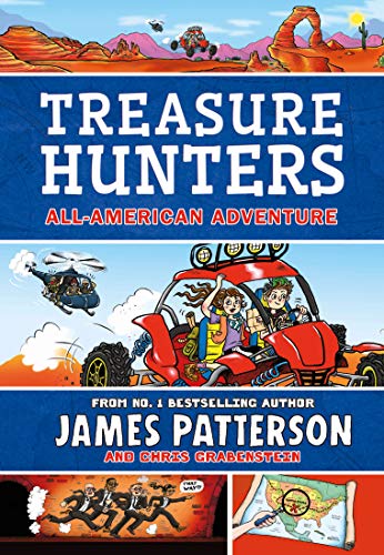 Book cover: "Treasure Hunters" with adventurers in a red vehicle.