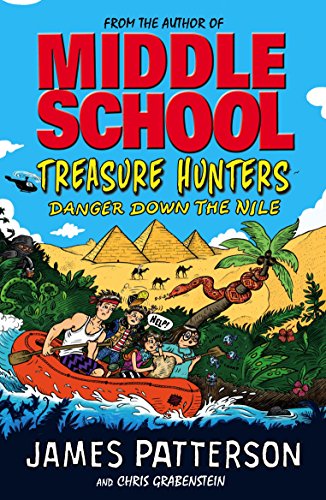 Book cover: children in a raft near pyramids, with snakes and crocodiles.