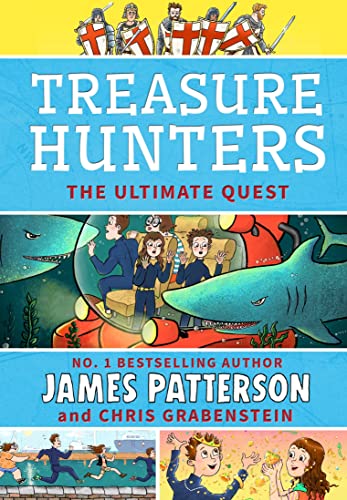 Book cover: "Treasure Hunters Ultimate Quest" with children, sharks, and knights.