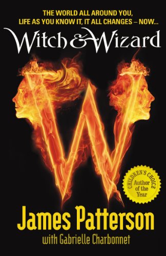 Book cover: "Witch & Wizard" with fiery silhouettes of two faces.