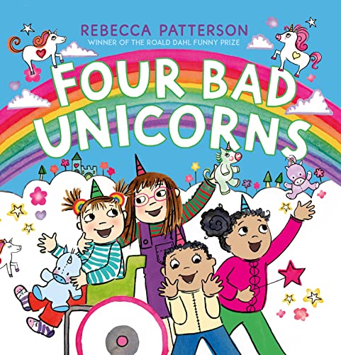Book cover with children, unicorns, a rainbow, and large colorful title.