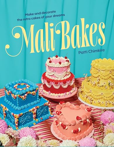 Book cover titled Mali Bakes featuring four colorful, decorated retro cakes on a table.