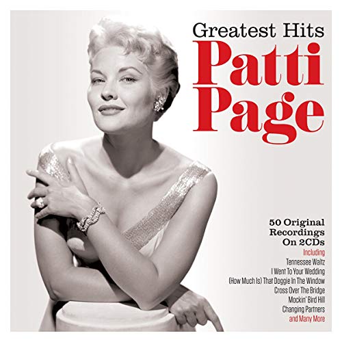 Black and white portrait of Patti Page with red text on a white background.