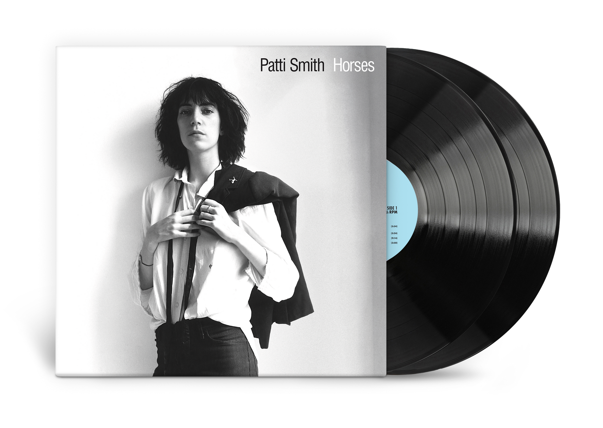 Patti Smith's "Horses" vinyl record with black and white cover art.