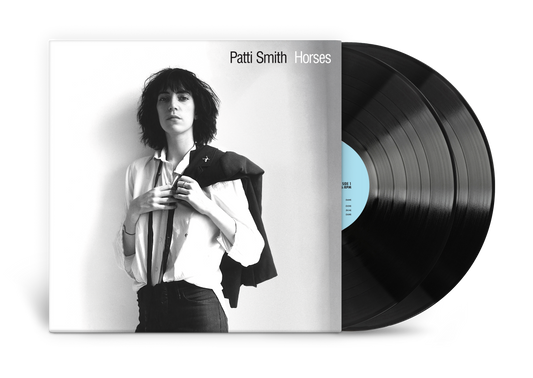 Patti Smith's "Horses" vinyl record with black and white cover art.