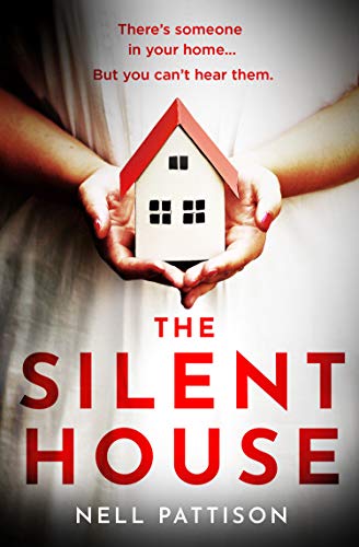 Book cover: hands holding a house model, red title "The Silent House".