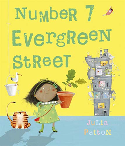 Book cover: "Number 7 Evergreen Street" with a girl, cat, and plant.
